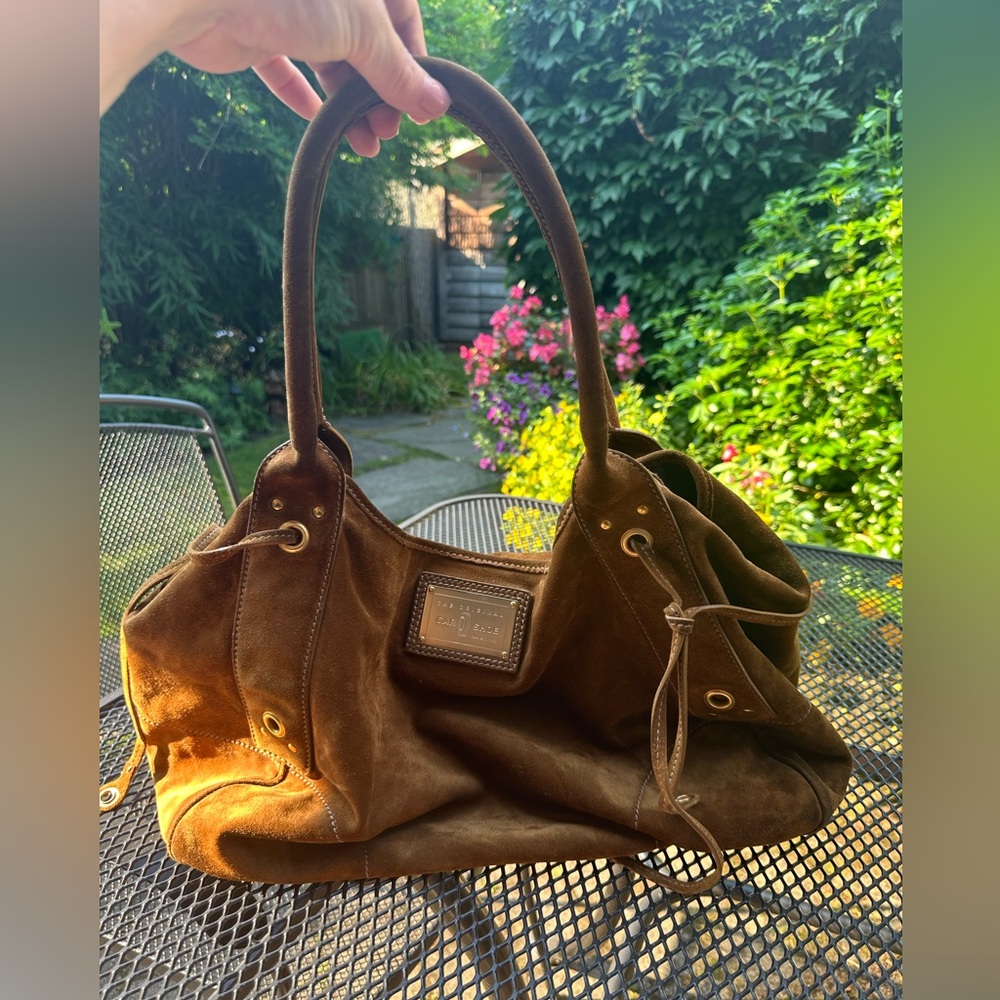 Caramel brown suede Car Shoe Company handbag (Prada)